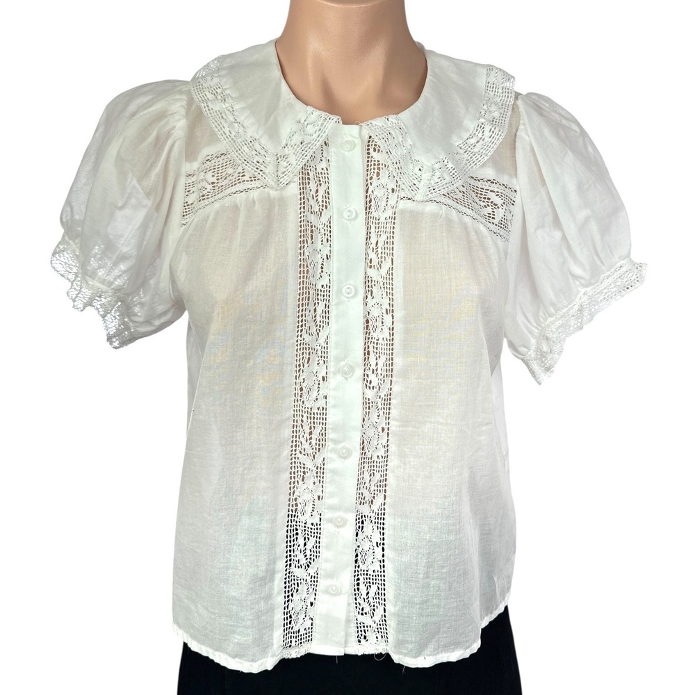 Maison d'Amelie Paris White Cotton Blouse XS Lace Peter Pan Collar Puff Sleeve